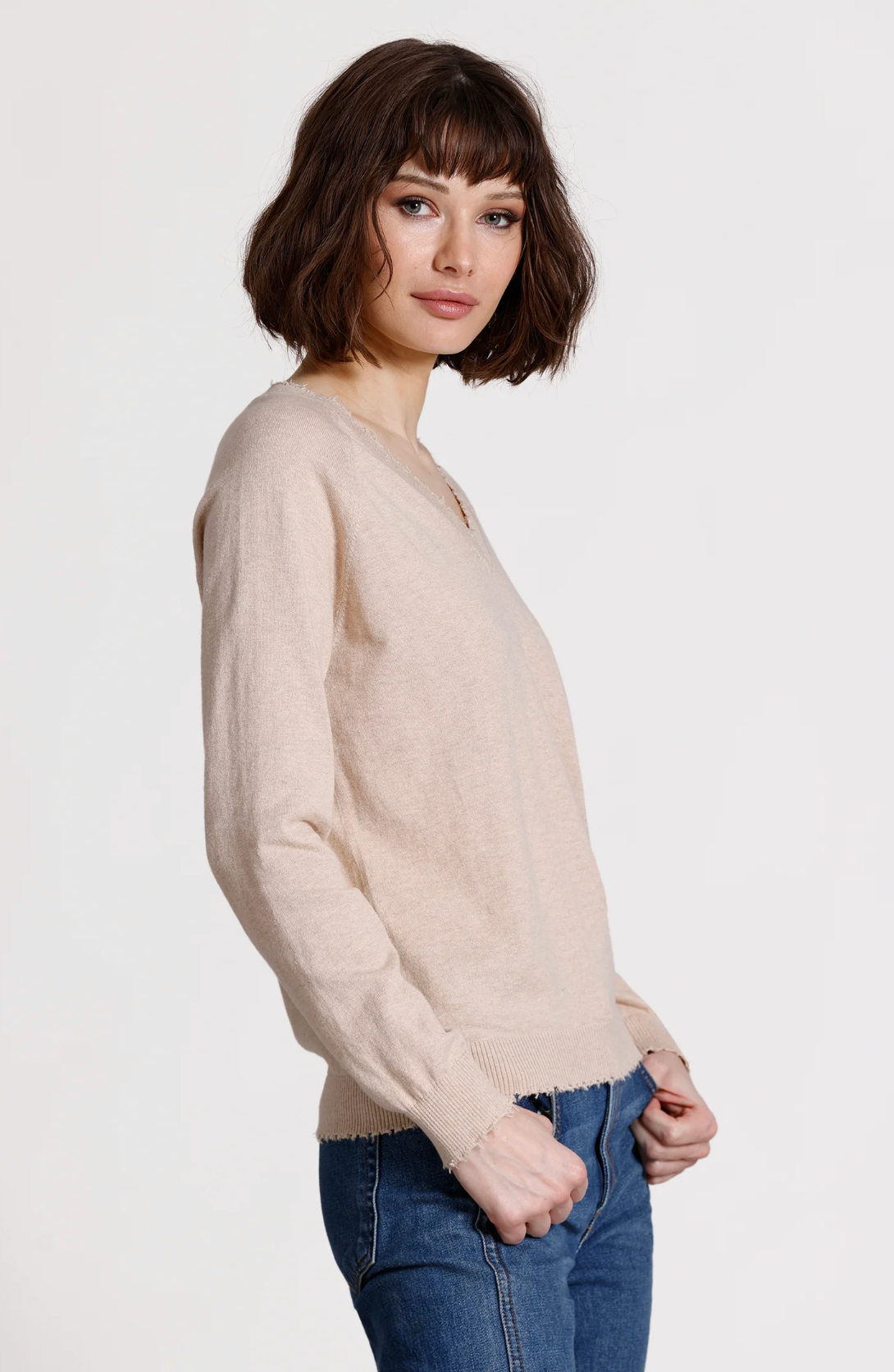 Minnie Rose, CC Frayed V Sweater