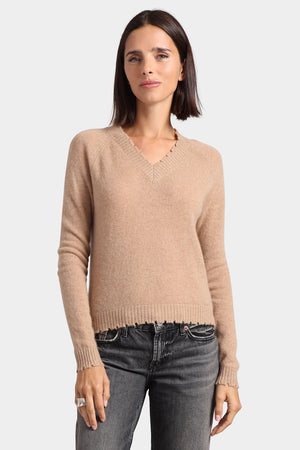 Minnie Rose, Frayed V-Neck Sweater
