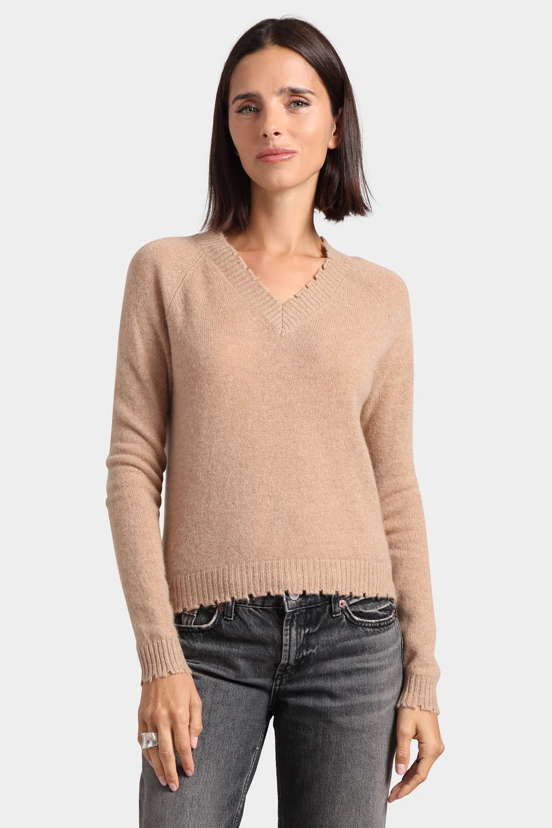 Minnie Rose, Frayed V-Neck Sweater