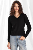 Minnie Rose, Frayed V-Neck, Black