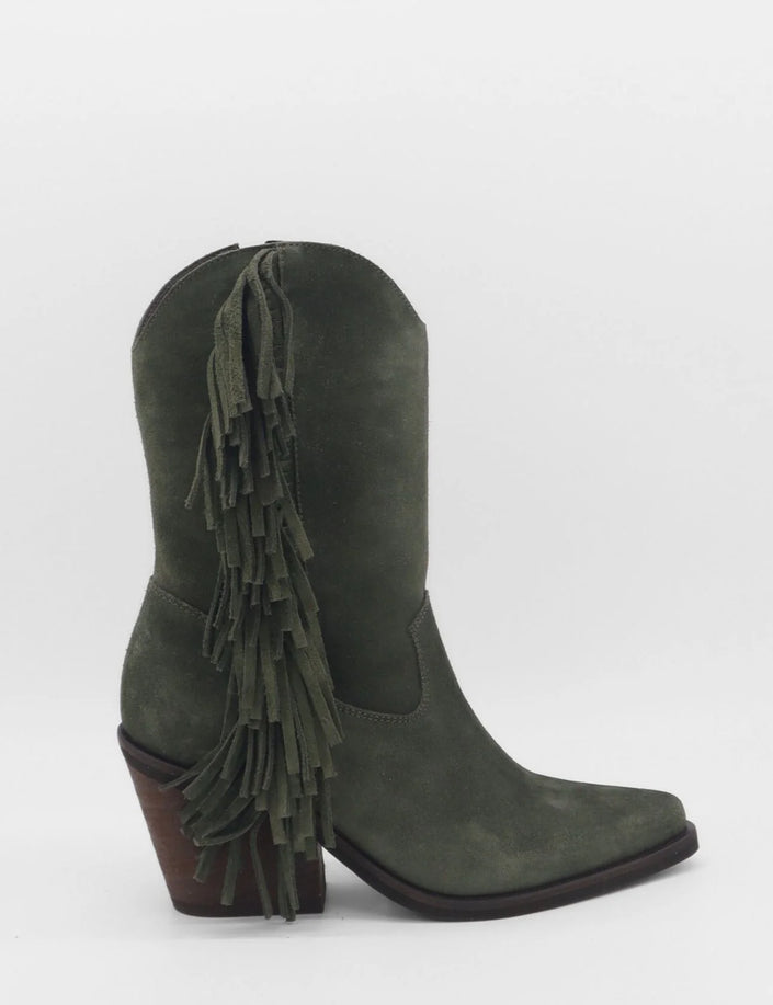 Stivali, Freedom Fringe Western Cowboy Boots, Olive Suede