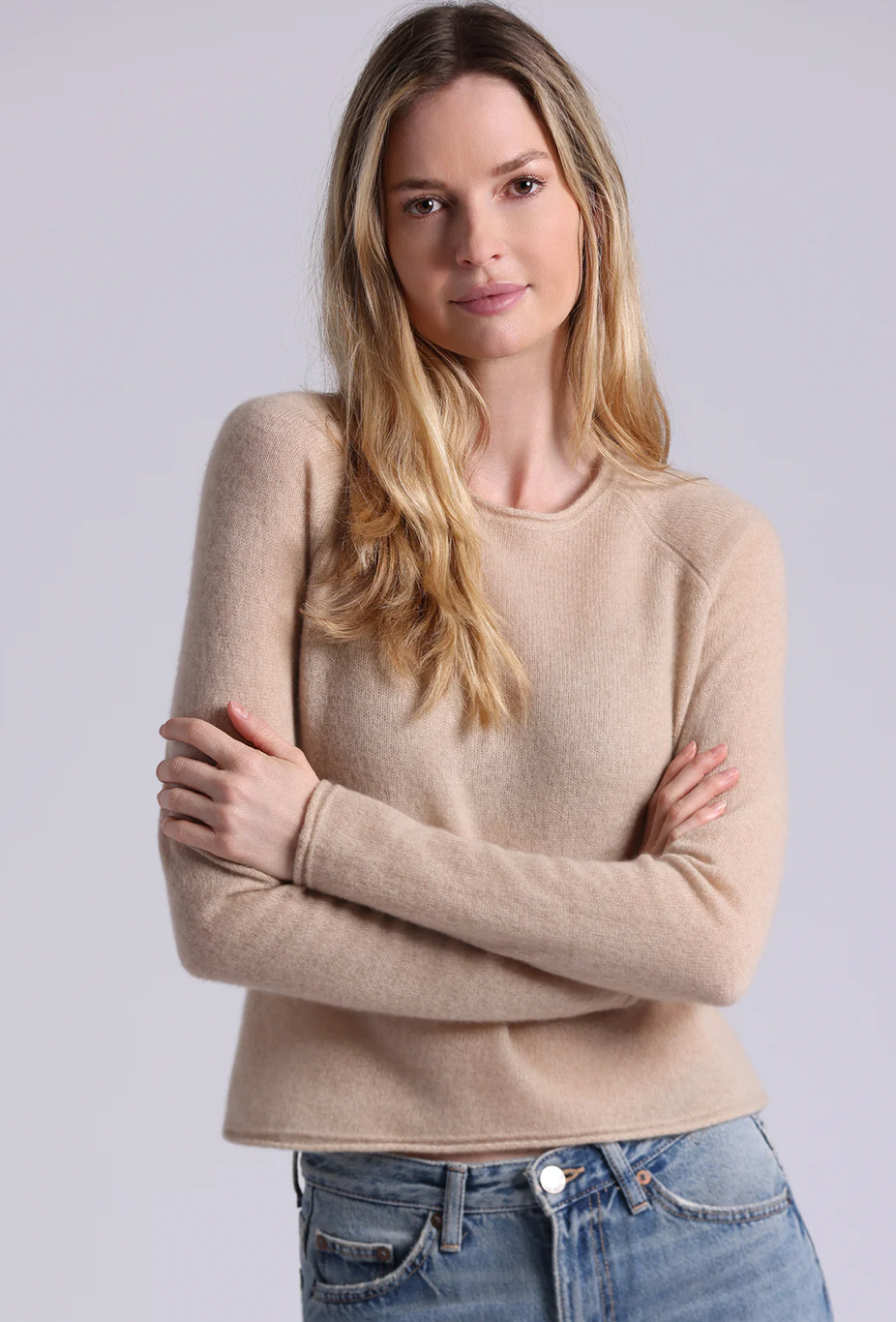 Minnie Rose, Sheer Luxury Cashmere Raglan Crew With Rolled Trims